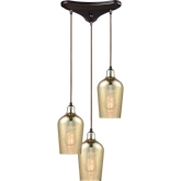 Hammered Glass 3 Light Triangle Pan Fixture in Rubbed Bronze w/ Hammered Amber Glass