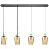 Hammered Glass 4 Light Linear Pan Fixture in Rubbed Bronze w/ Hammered Amber Glass