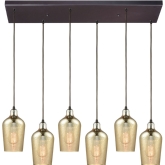 Hammered Glass 6 Light Rectangle Fixture in Rubbed Bronze w/ Hammered Amber Glass
