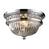 2 Light Flush Mount Ceiling Light in Decorative Polished Chrome Band & Ribbed Glass