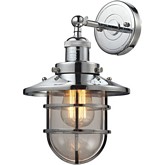 Seaport 1 Light Sconce w/ Crosshatch Patterned Polished Chrome Cage & Clear Glass