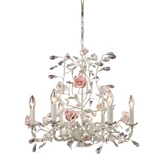 Heritage 6 Light Chandelier in Cream w/ Branches & Pink Roses