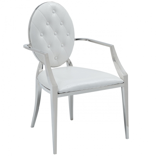 110 Dining Arm Chair in Tufted White Eco Leather on Stainless (Set of 2)