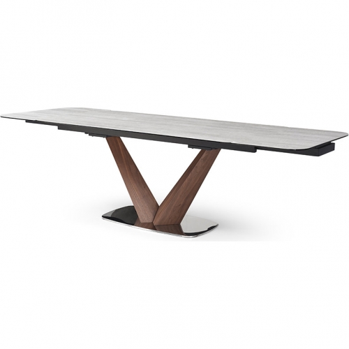 9188 71" Extension Dining Table in Glass, Marble Look Ceramic, & Walnut Veneer