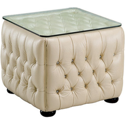 258 End Table in Rhinestone Tufted Ivory Leather with Glass Top