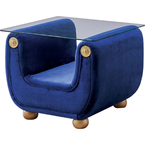 Giza End Table in Dark Blue Velour Fabric & Glass