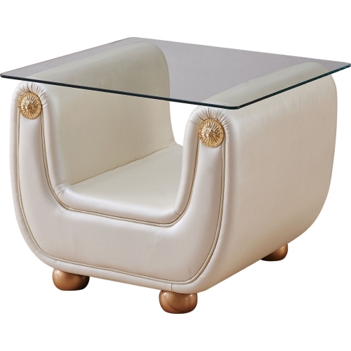 Giza End Table in Ivory Leather & Glass