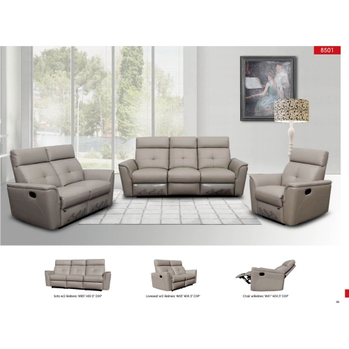 8501 Manual Loveseat with 2 Recliners in Light Grey Italian Leather
