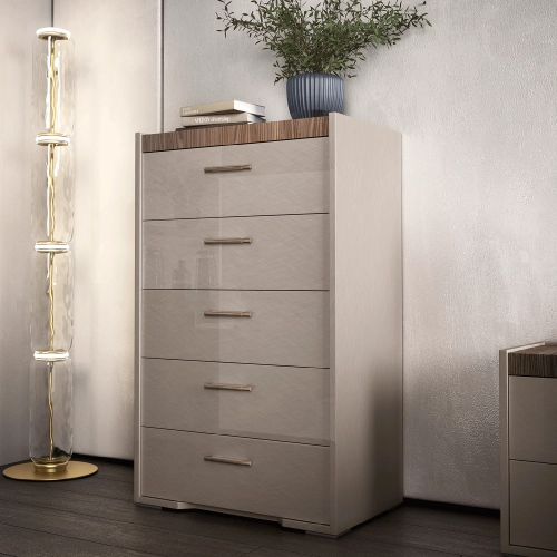 Nora Chest in High Gloss Beige & Brushed Walnut Finish