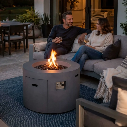 Refuge Series 36" Round Propane Gas Fire Pit w/ Hidden Tank Drawer in Gray GFRC Concrete