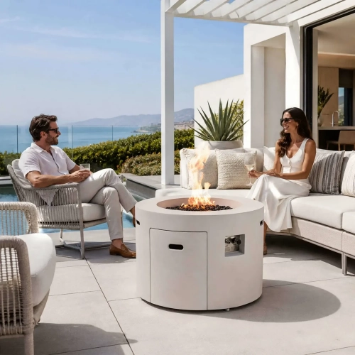 Refuge Series 36" Round Propane Gas Fire Pit w/ Hidden Tank Drawer in Ivory GFRC Concrete