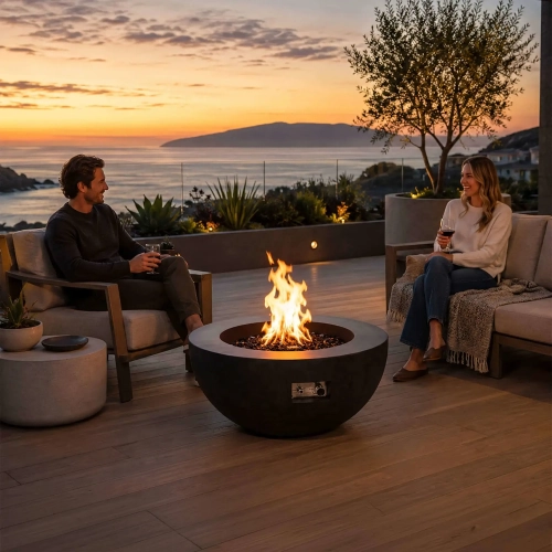 Refuge Series 36" Round Natural Gas Fire Pit in Graphite Black GFRC Concrete