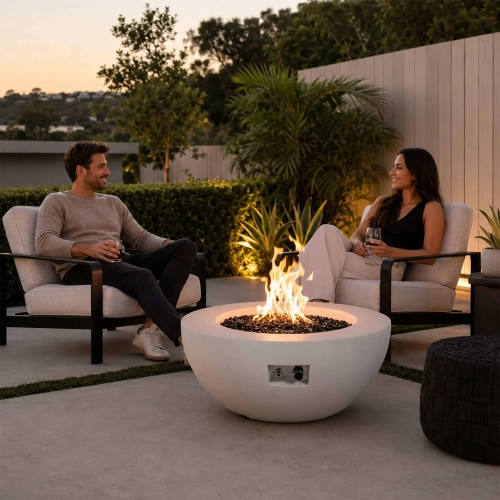 Refuge Series 36" Round Natural Gas Fire Pit in Ivory White GFRC Concrete