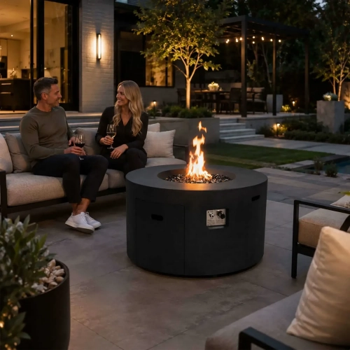 Refuge Series 43" Round Propane Gas Fire Pit w/ Hidden Tank Drawer in Black GFRC Concrete