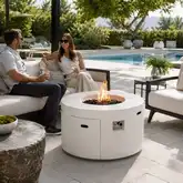 Refuge Series 43" Round Propane Gas Fire Pit w/ Hidden Tank Drawer in Ivory GFRC Concrete