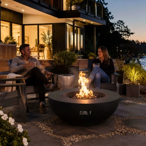Refuge Series 43" Round Natural Gas Fire Pit in Graphite Black GFRC Concrete