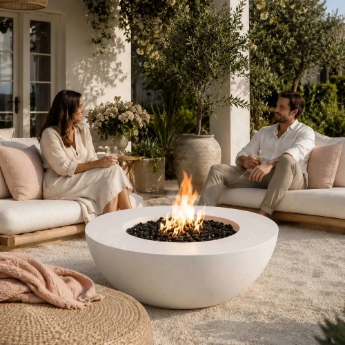 Refuge Series 43" Round Natural Gas Fire Pit in Ivory White GFRC Concrete