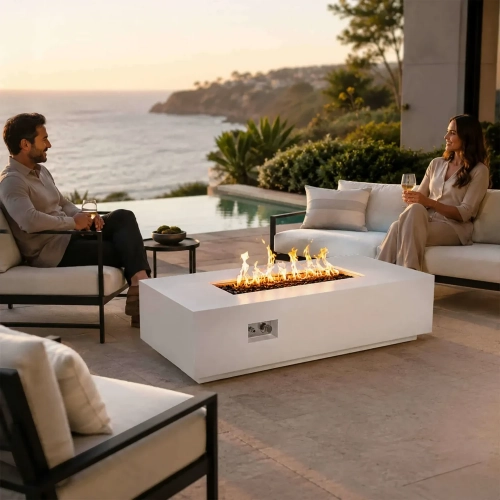 Refuge Series 56" x 30" Natural Gas Fire Pit in Ivory White GFRC Concrete