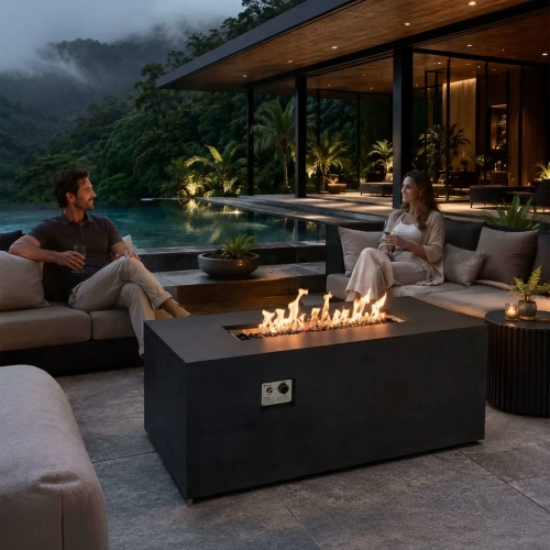 Refuge Series 56" x 30" Propane Gas Fire Pit w/ Hidden Tank Drawer in Black GFRC Concrete