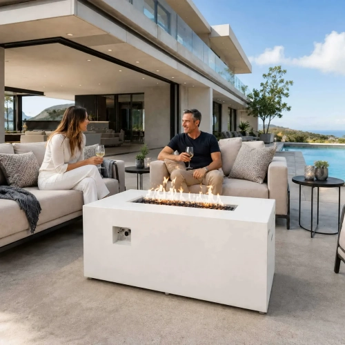 Refuge Series 56" x 30" Propane Gas Fire Pit w/ Hidden Tank Drawer in Ivory GFRC Concrete