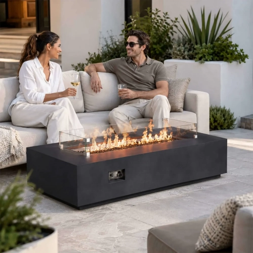 Refuge Series 68" x 30" Gas Fire Pit in Black GFRC Concrete