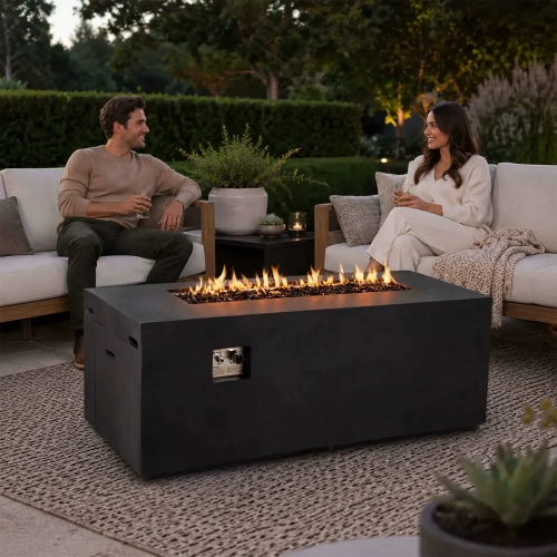 Refuge Series 68" x 30" Propane Gas Fire Pit w/ Hidden Tank Drawer in Black GFRC Concrete