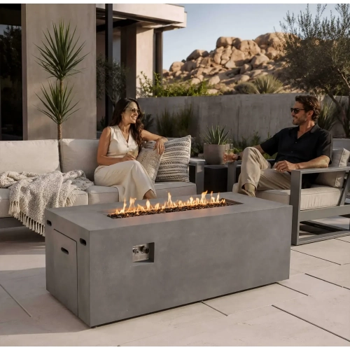 Refuge Series 68" x 30" Propane Gas Fire Pit w/ Hidden Tank Drawer in Gray GFRC Concrete