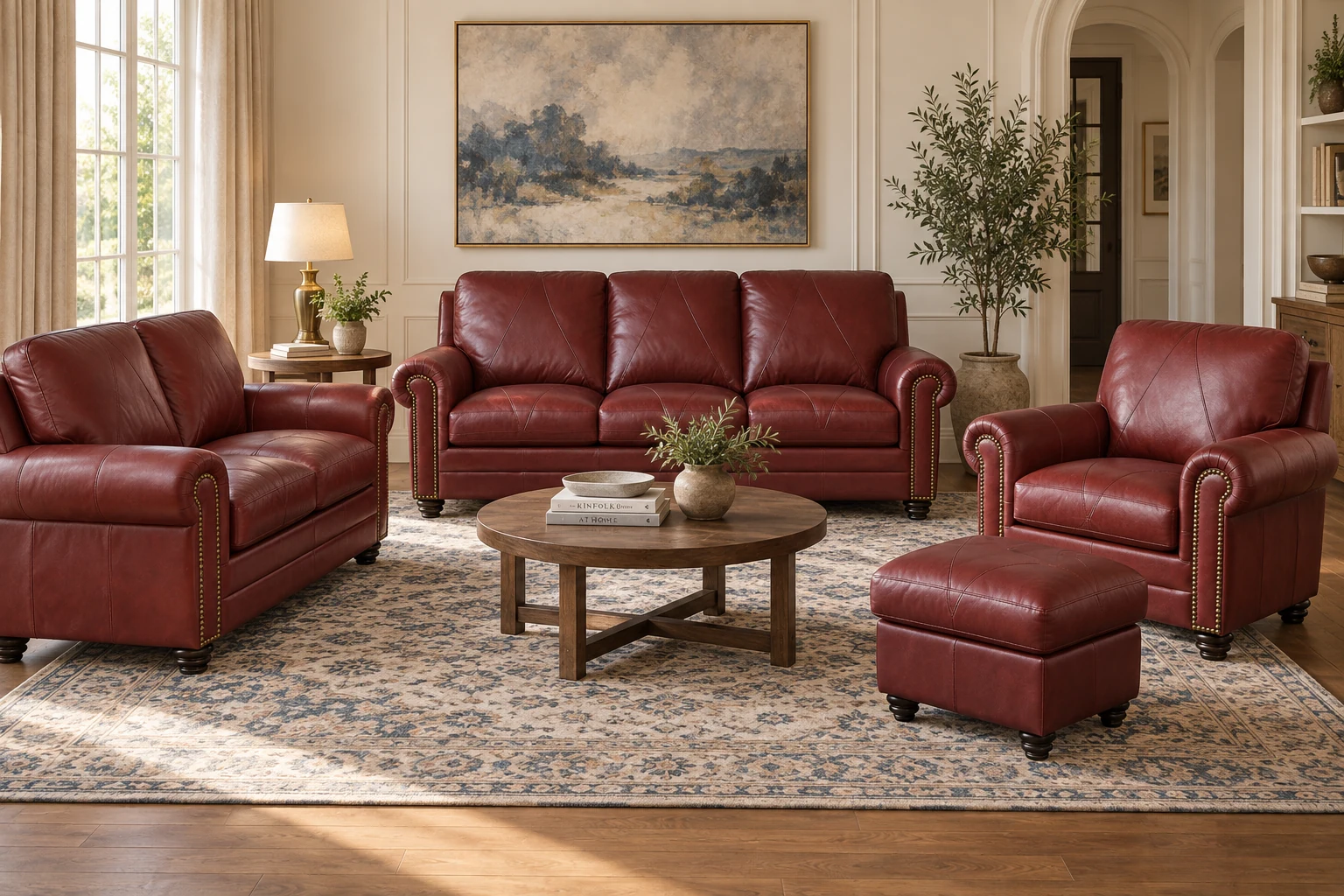 Styled room visualization of the Luke Leather Weston sofa, loveseat, chair and ottoman in Cherry Red