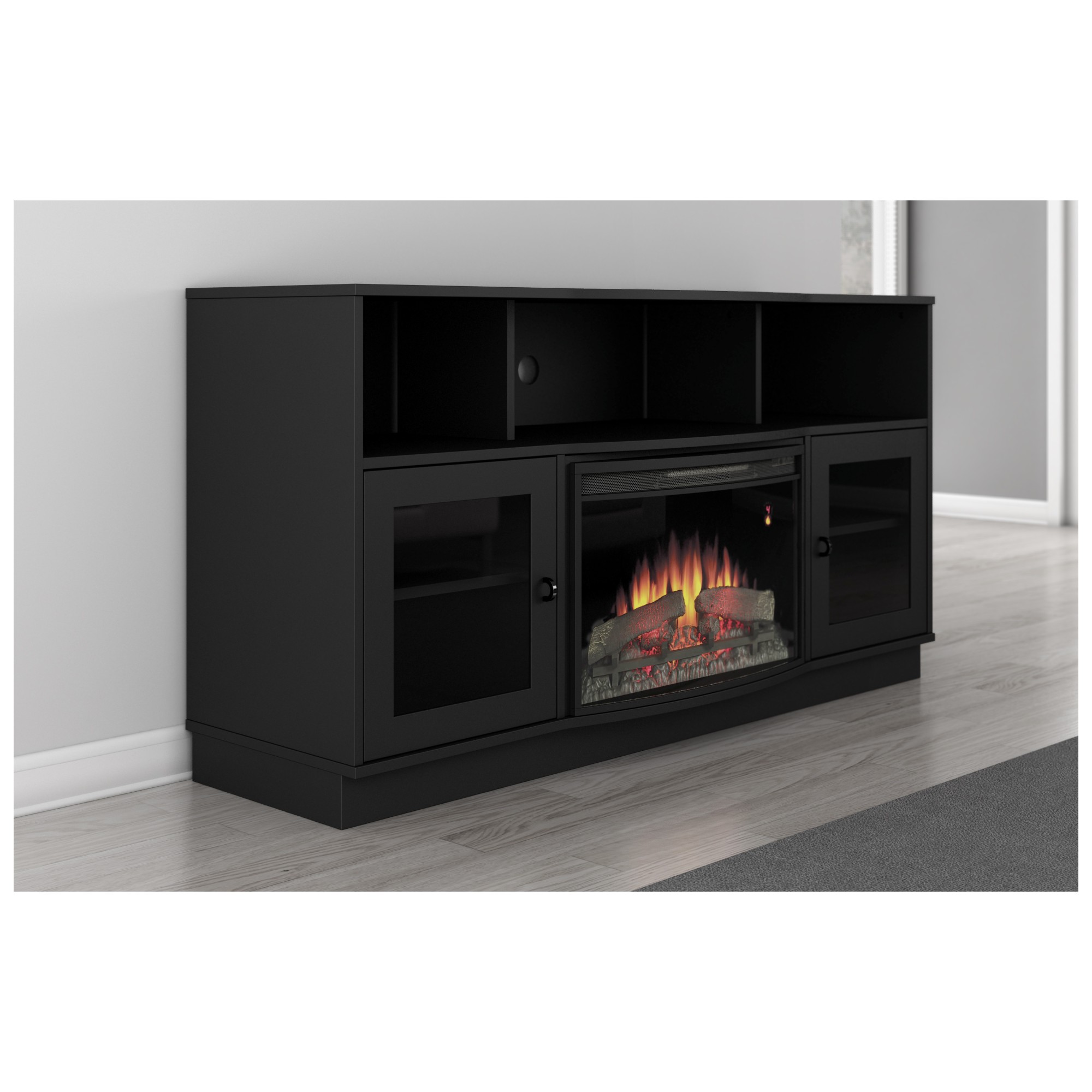 Furnitech FT64CFB 66 Inch TV Stand Contemporary w/ Curved Front Electric Fireplace Black Furnitech-FT64CFB