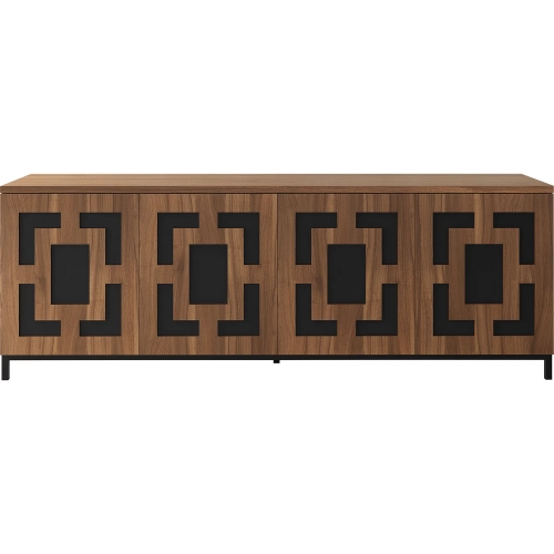 Isabella 86" Media Console in Greek Key Pattern Walnut & Black Steel