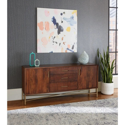 Manhattan 68" Sideboard in Honey Brown Wood & Antique Brass Metal