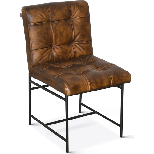 Brisbane Stockton Dining Chair in Tufted Antique Whiskey Brown Leather & Iron (Set of 2)