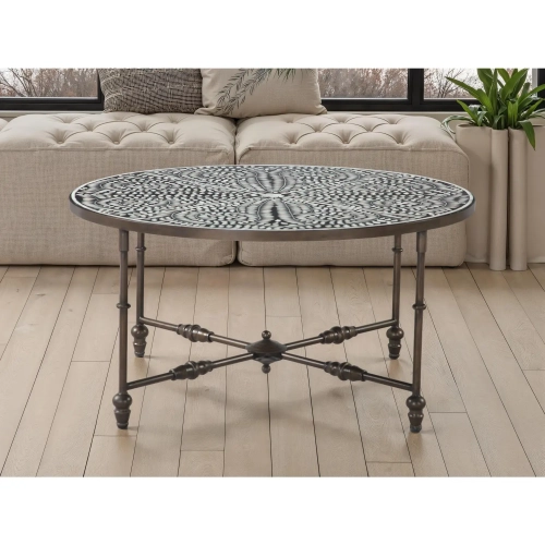 Ozark 40" Coffee Table in Black Iron & Floral Horn Inlay
