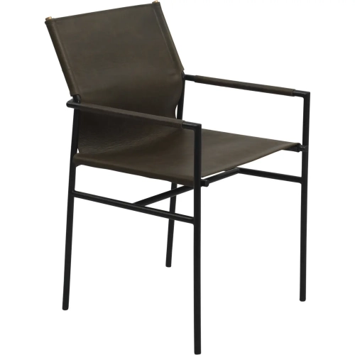 Sutton Dining Arm Chair in Olive Green Leather & Black Iron