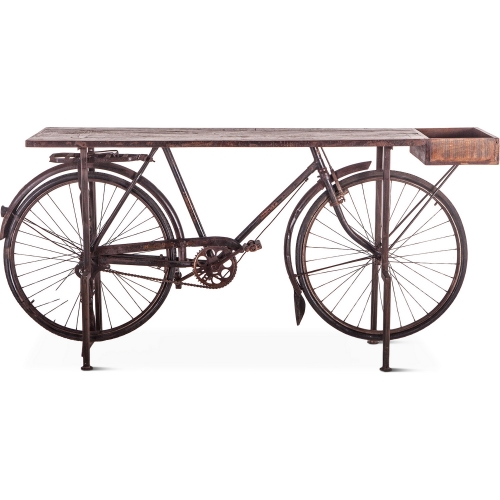 Paxton Console Table with Vintage Indian Bicycle in Reclaimed Teak