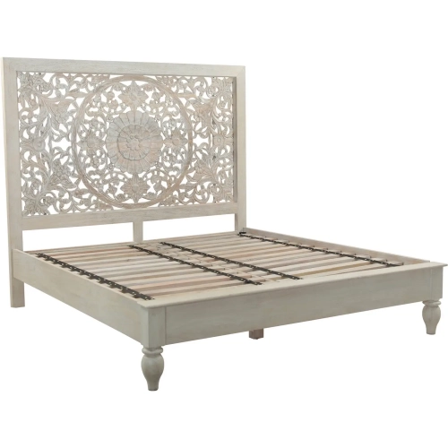 Haveli Queen Bed in Hand Carved Heirloom White Mango Wood