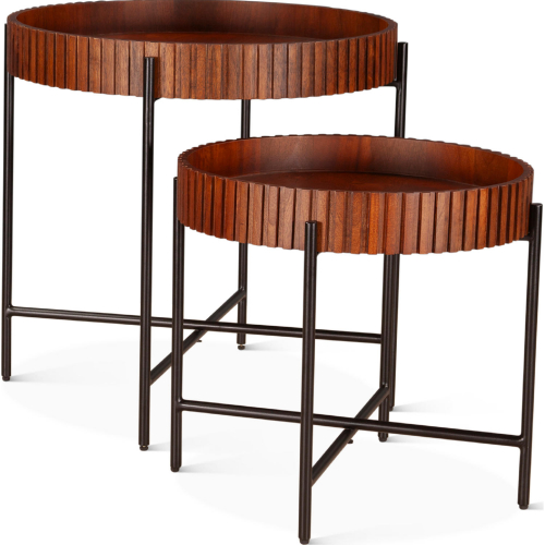 Halden Nesting Tray Tables in Pecan Brown Mango Wood & Black Iron