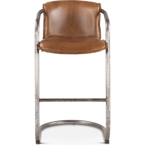 Chiavari Bar Stool Chair in Distressed Chestnut Brown Leather & Brushed Gunmetal (Set of 2)