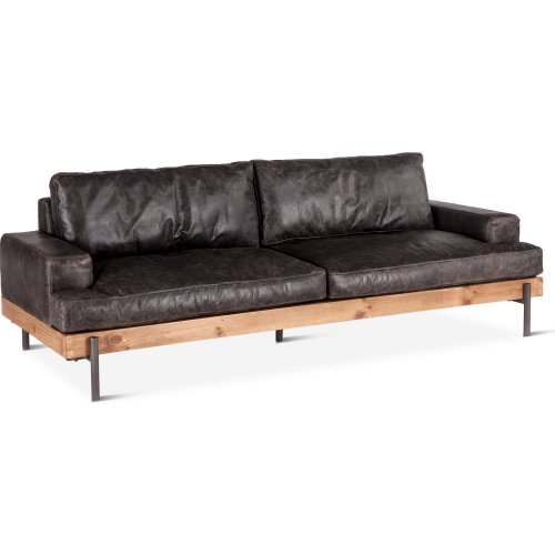 Chiavari Sofa in Vintage Washed Antique Ebony Leather, Reclaimed Oak & Metal