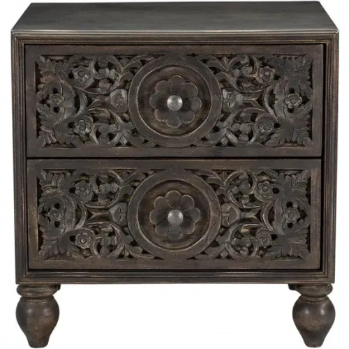 Haveli Nightstand in Geometric Hand Carved Vintage Brown Mango Wood