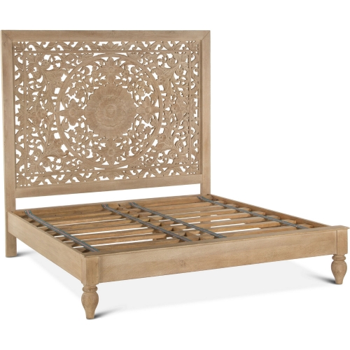 Haveli King Bed in Geometric Hand Carved White Wash Finish Mango Wood