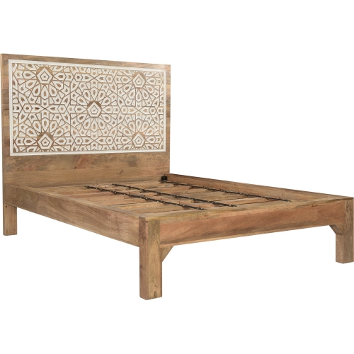 Haveli Queen Bed in Geometric Hand Carved Natural Finish Mango Wood