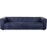 Portia Sofa in Tufted Antique Blue Italian Leather & Washed Wood