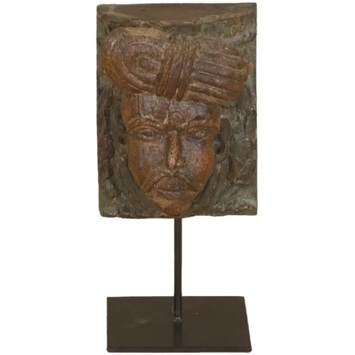 Curio Tribesman Head in Reclaimed Wood on Iron Stand