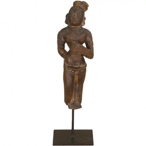 Curio Carved Reclaimed Wood Figure Statue on Iron Stand
