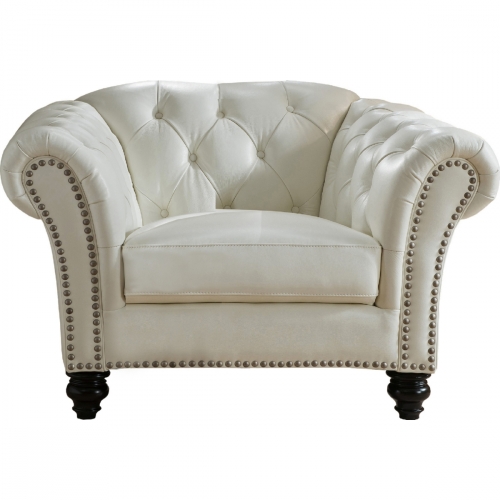 Mona Arm Chair in Tufted Ivory White Top Grain Leather with Nailhead Trim