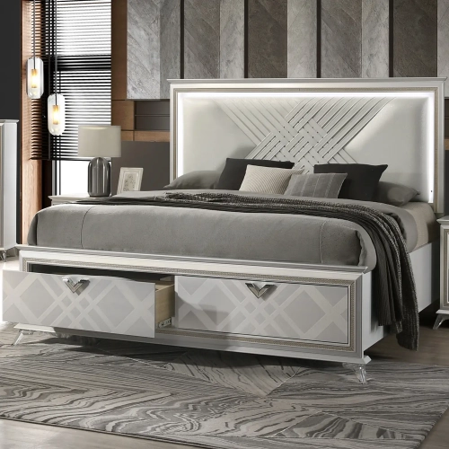 Brickfield King Storage Bed in Silver, Eco Leather & LED Light