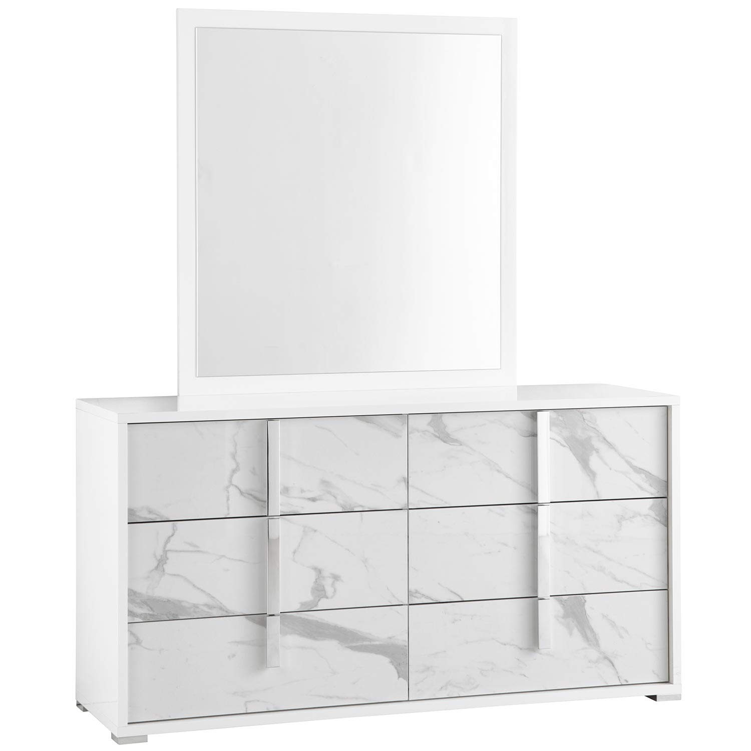J&M Furniture 19965-D+M Sonia Dresser & Mirror Set in High Gloss White & Grey  Marble Lacquer & Chrome