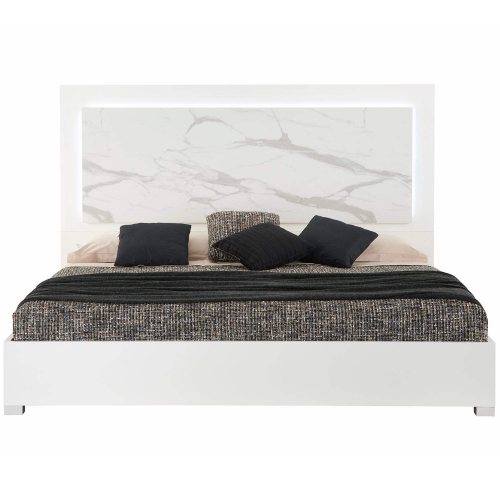Sonia King Bed in High Gloss White & Grey Marble Lacquer & LED
