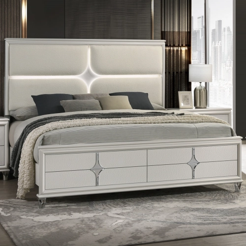 Bucharest King in Light Grey Finish, Boucle Fabric, LED & Metal